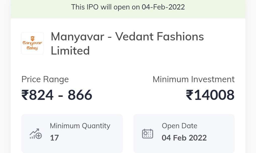 Manyavar Vedant fashion IPo price date